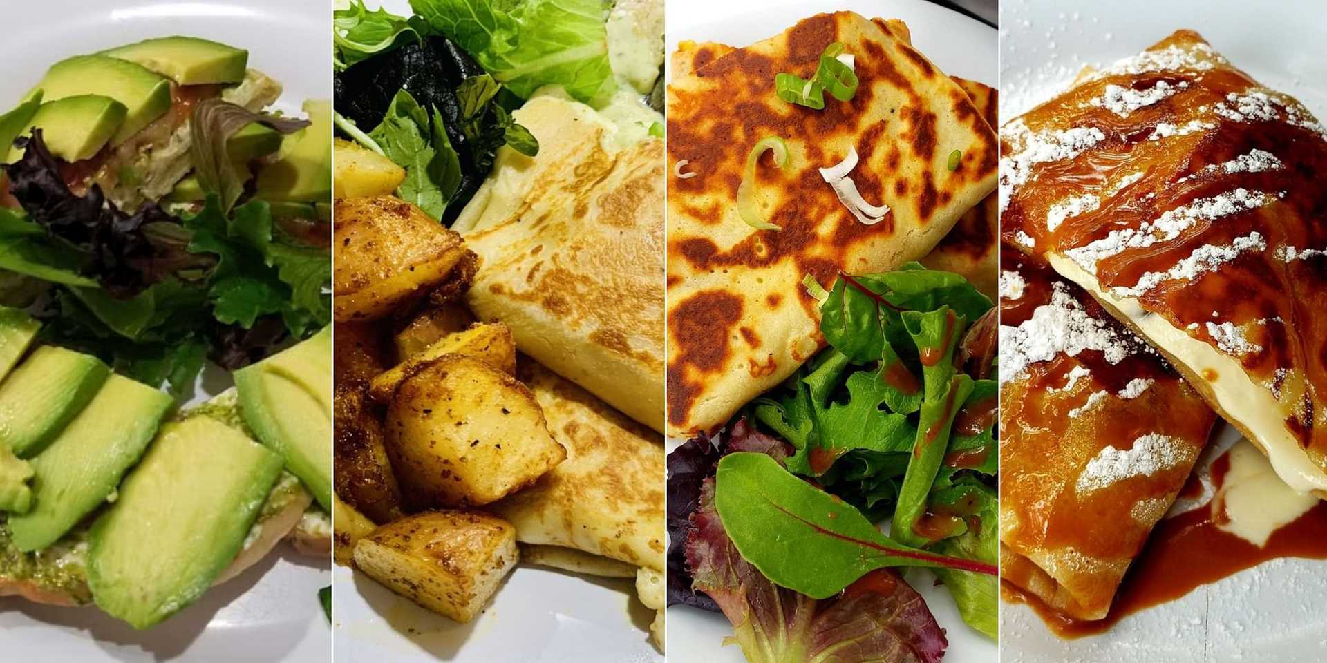 A variety of dishes including avocado salad, roasted potatoes, quesadillas, and a dessert crepe.